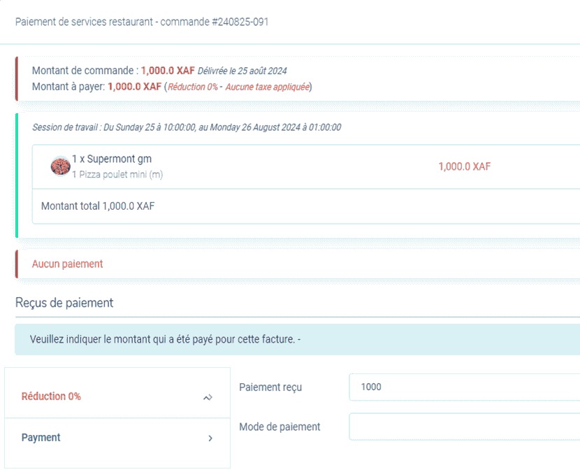 Écran de commande et de paiement HostedERP : total de la commande, session active et champs de paiement sur une même facture.