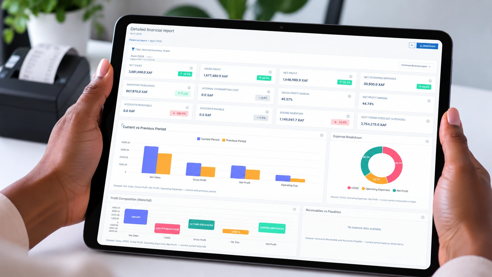 HostedERP financial report showing net sales, gross profit, net profit, margins and period comparison