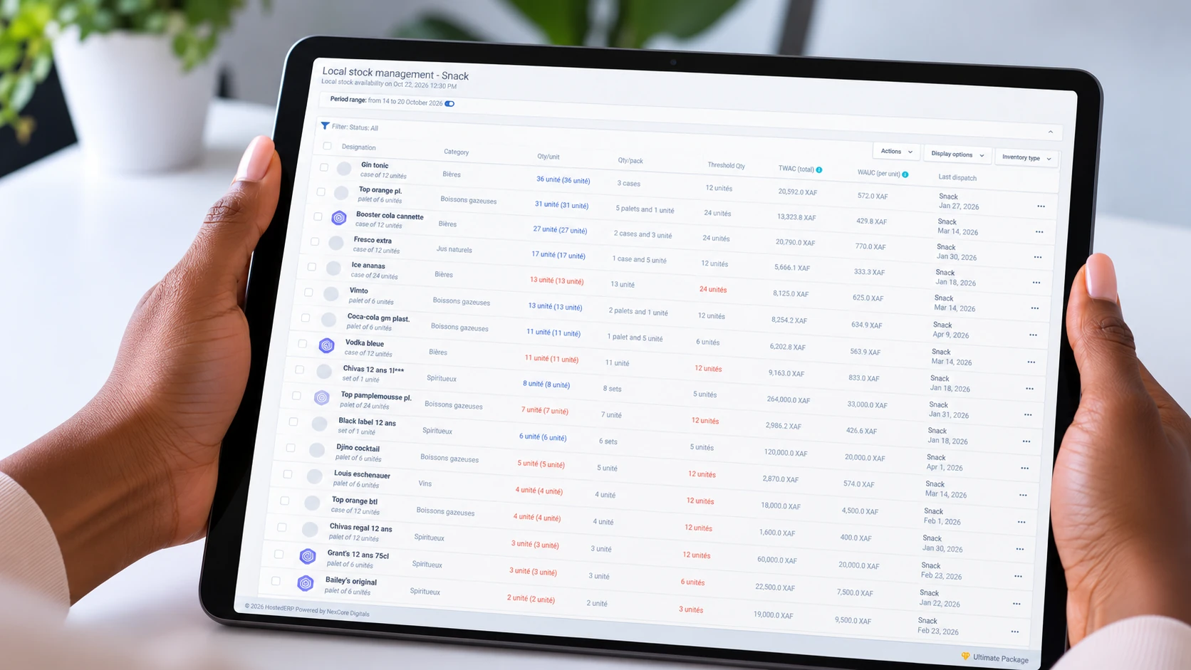 HostedERP inventory dashboard with stock quantities, thresholds and status filters