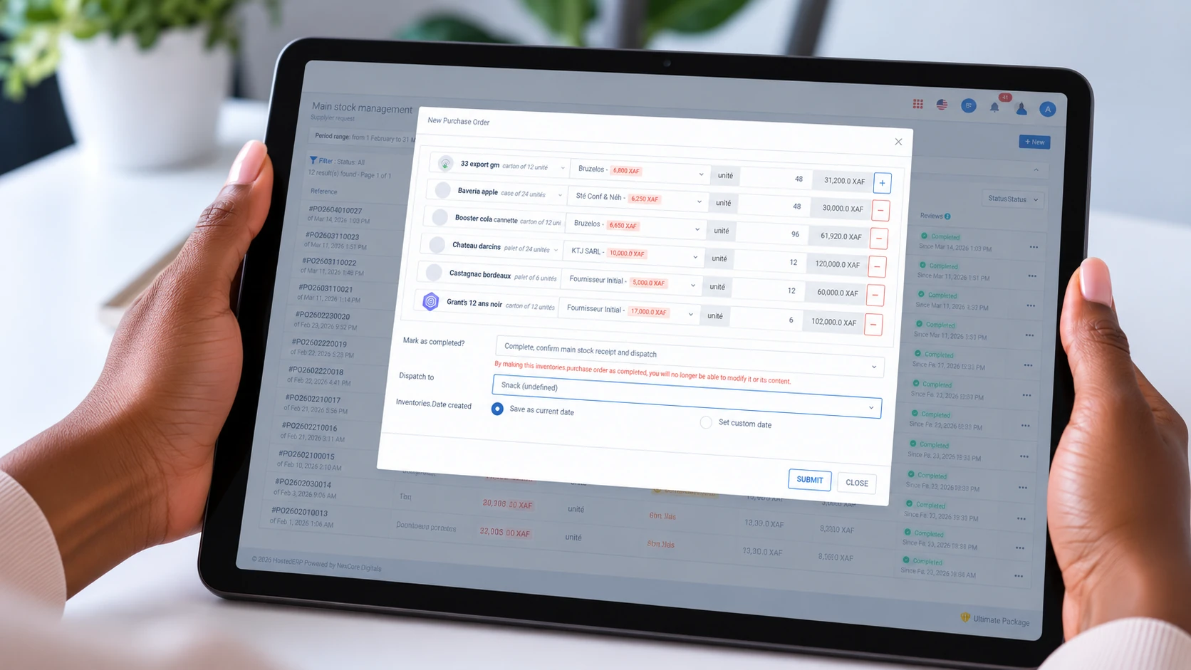 HostedERP purchase order screen showing supplier items, quantities and order totals
