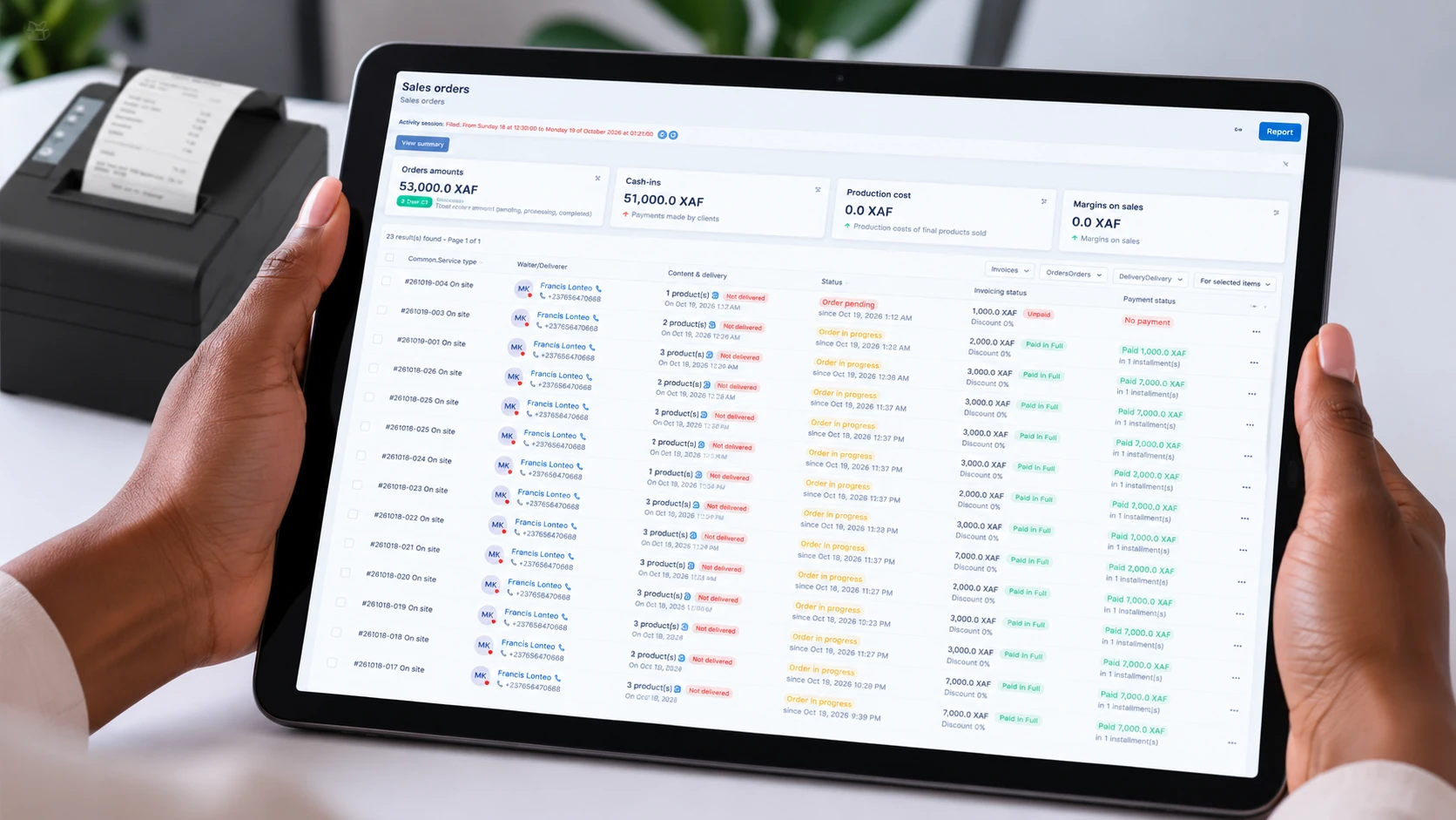 Tableau de ventes HostedERP avec commandes, encaissements, coût de production et marges